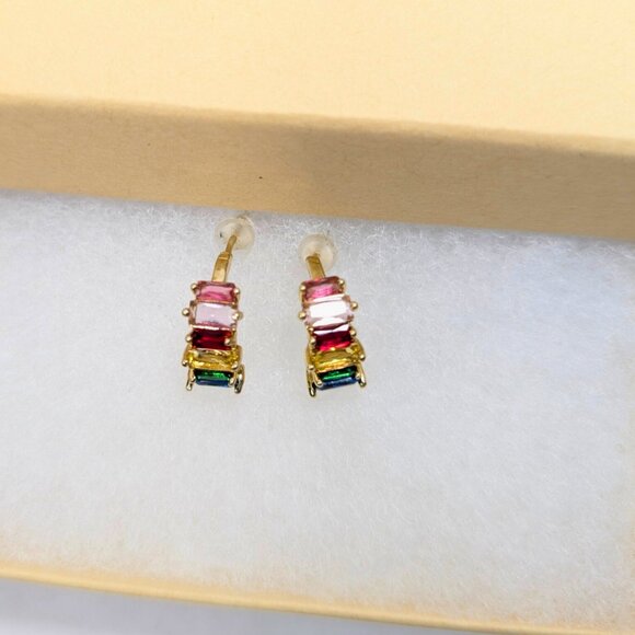 Golden Rainbow Rhinestone Gem Multicolor CZ Gold Plated Small Earrings - Picture 3 of 8